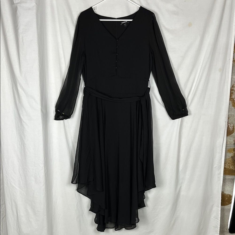 Express Black Whimsygoth Sheer Midi Long Sleeve Dress Handkerchief Hemline